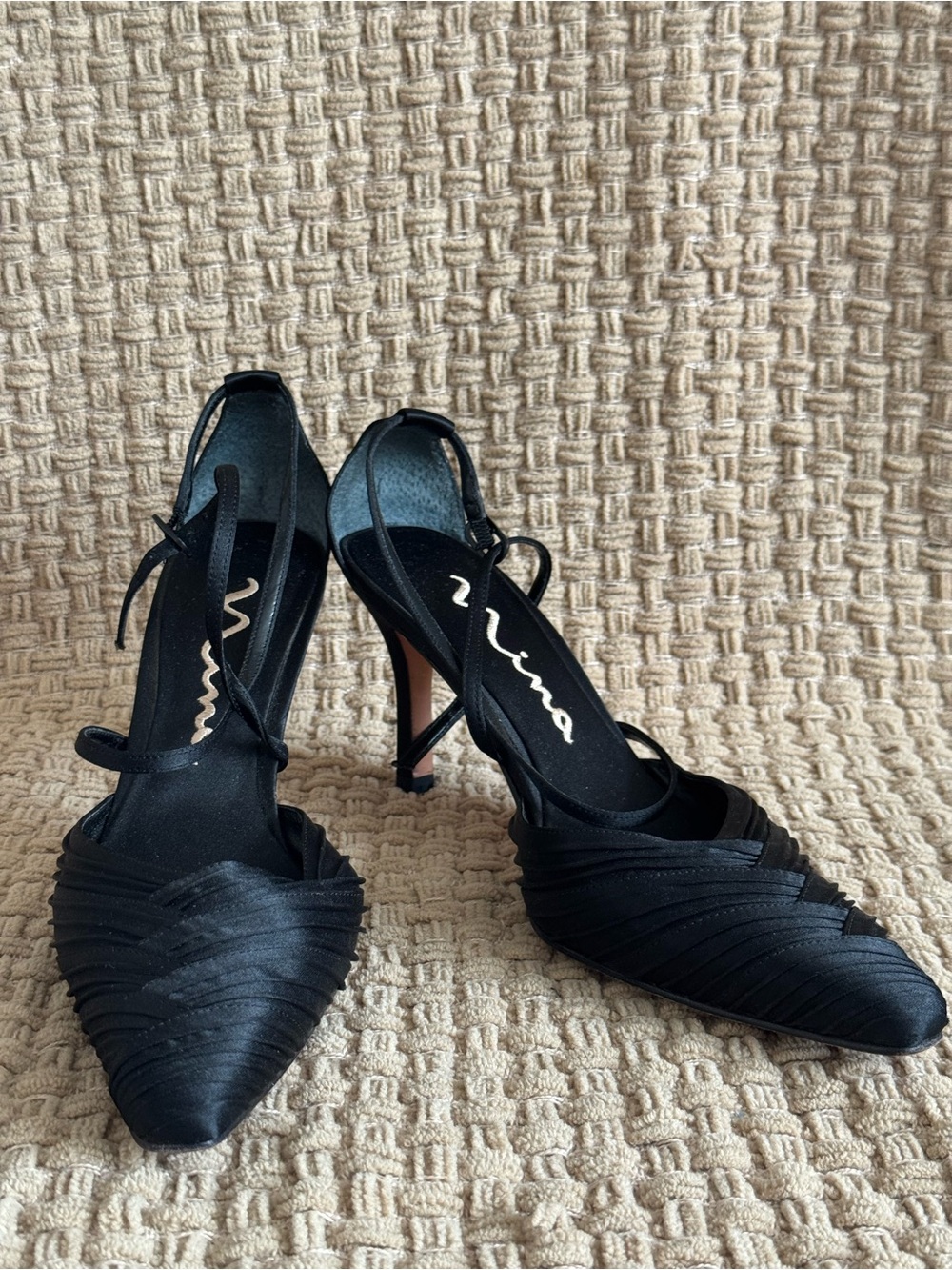 Nina Black Satin Pleated Pointed Slingback Heels